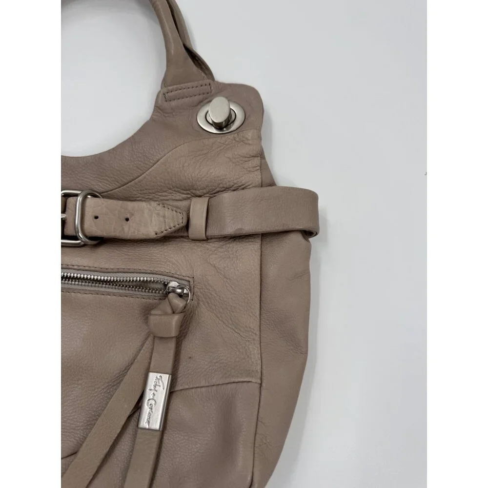 Foley + Corinna Jet Setter Taupe Leather Shoulder Bag With Front Zipper Pocket
